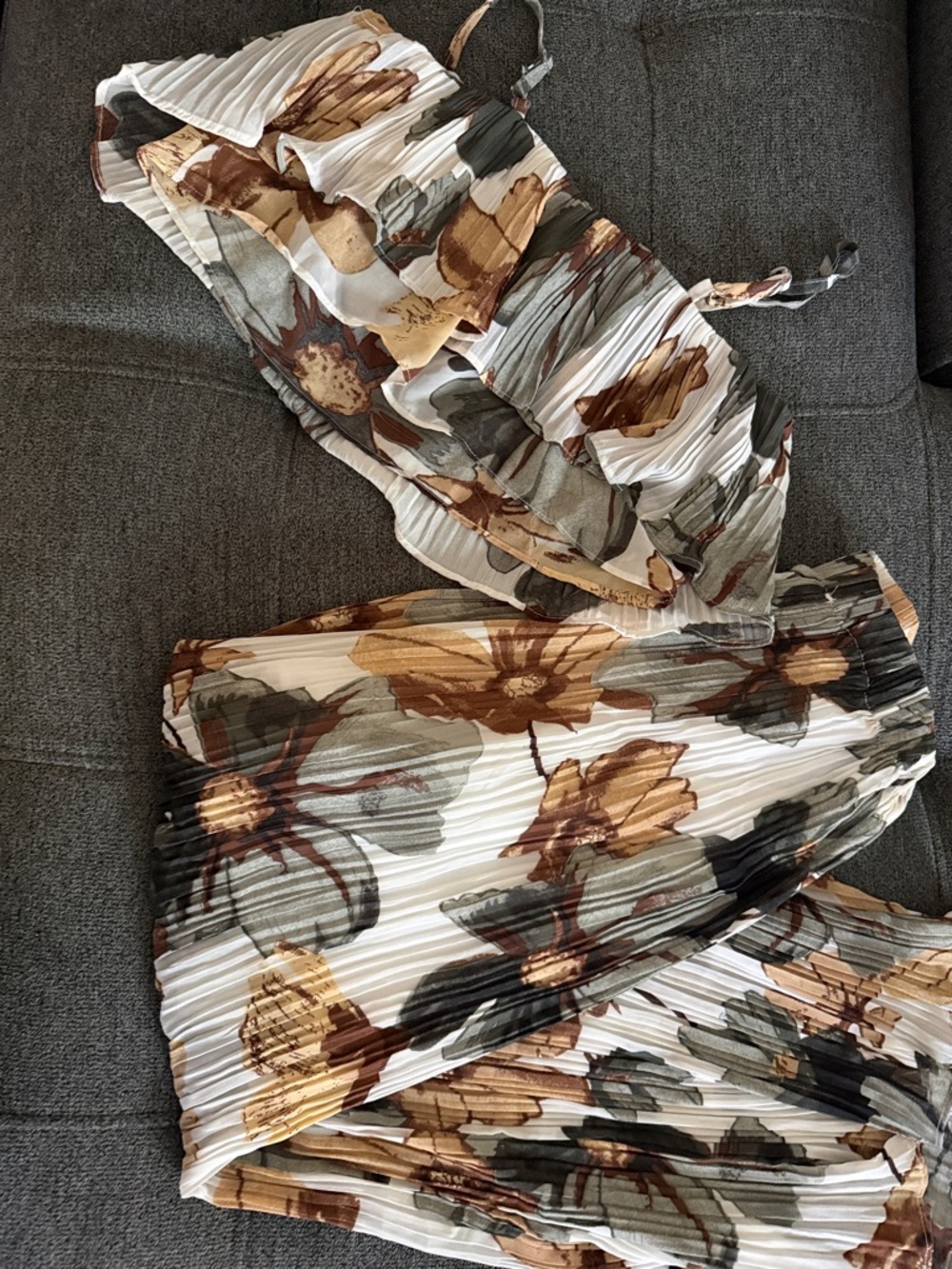 Floral Pleated ruffle Crop tank Top and pants Set in Cream, Brown, Olive